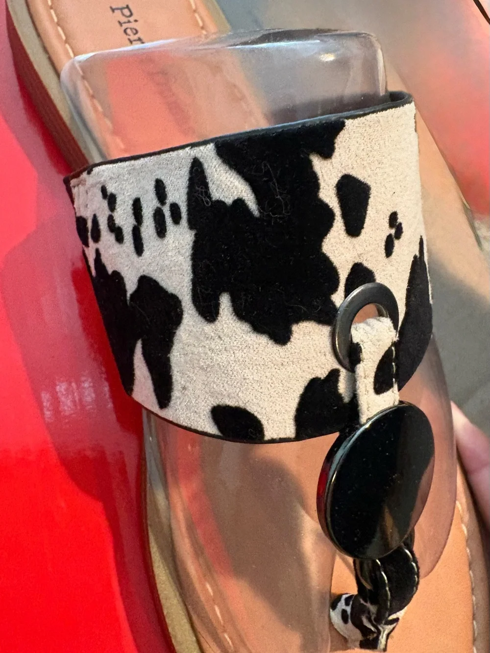 Pierre Dumas Black & White Cow Print Toe-Post Sandals
